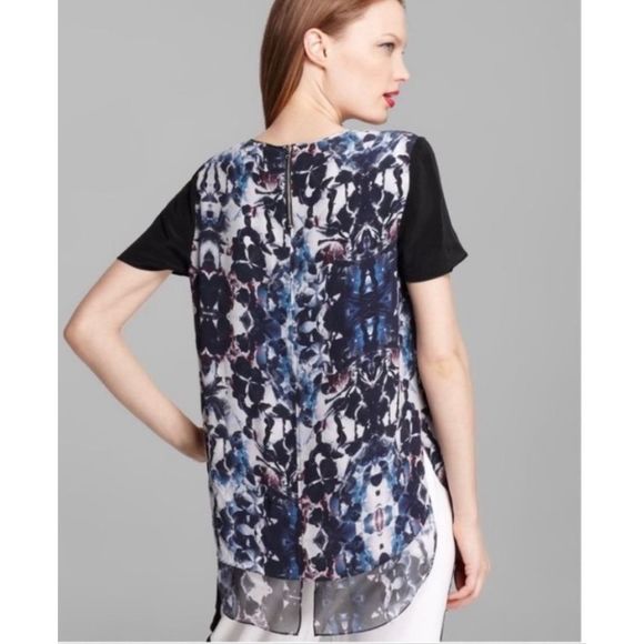 Rebecca Taylor Blue black Abstract Printed Short Sleeve Silk Blouse Sz 4 MP $200 - Picture 2 of 12